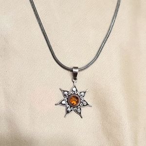 Silver chain w silver pendant and amber stone necklace